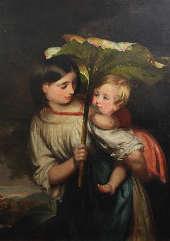 After Wilkie Mother and child sheltering under a gunnera leaf 39 x 29.5in.